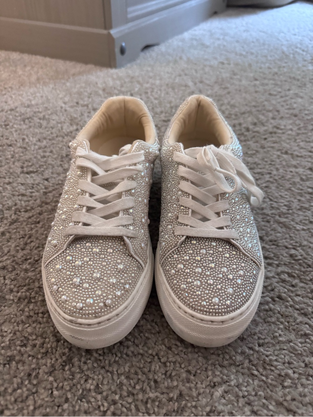 Betsey Johnson White Pearl & Crystal Embellished Women's Sneakers